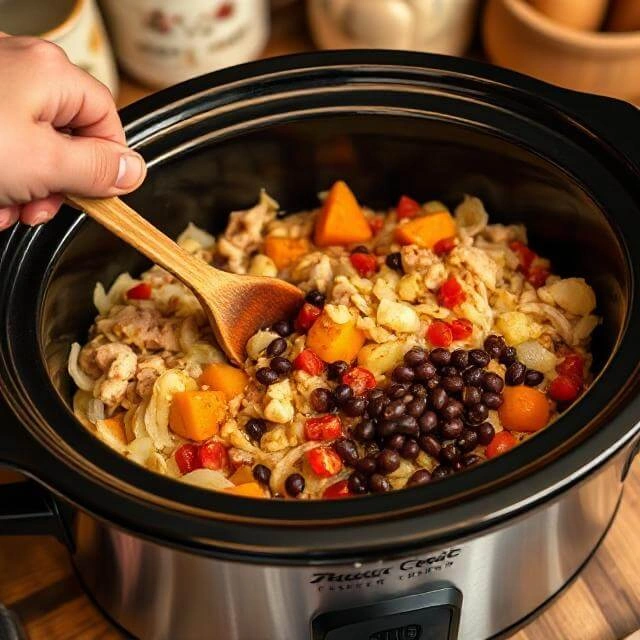 Ingredients being added to a crockpot for slow cooking