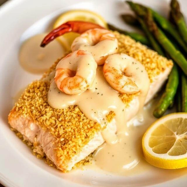 Baked salmon fillet with creamy parmesan crust topped with shrimp, served with lemon wedges and herbs.