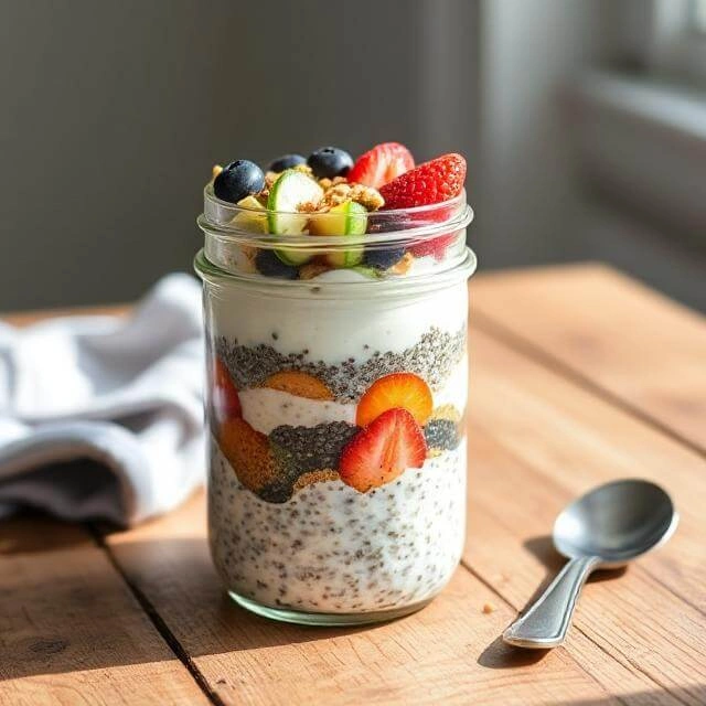 High-protein overnight oats with Greek yogurt, chia seeds, grated zucchini or carrot, topped with fresh berries