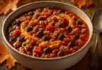 High-protein pumpkin turkey chili served in a bowl, garnished and ready to eat