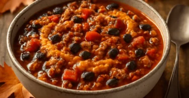 High-protein pumpkin turkey chili served in a bowl, garnished and ready to eat