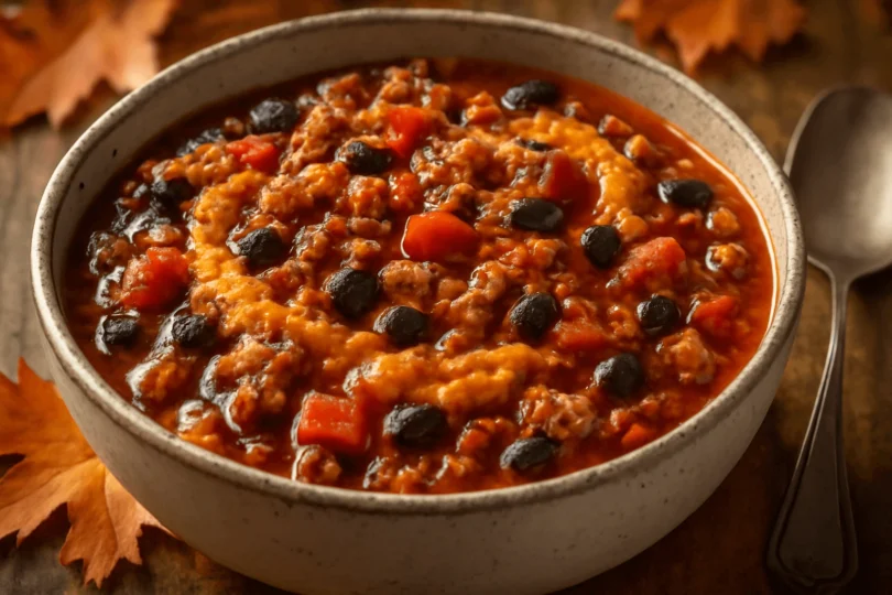 High-protein pumpkin turkey chili served in a bowl, garnished and ready to eat