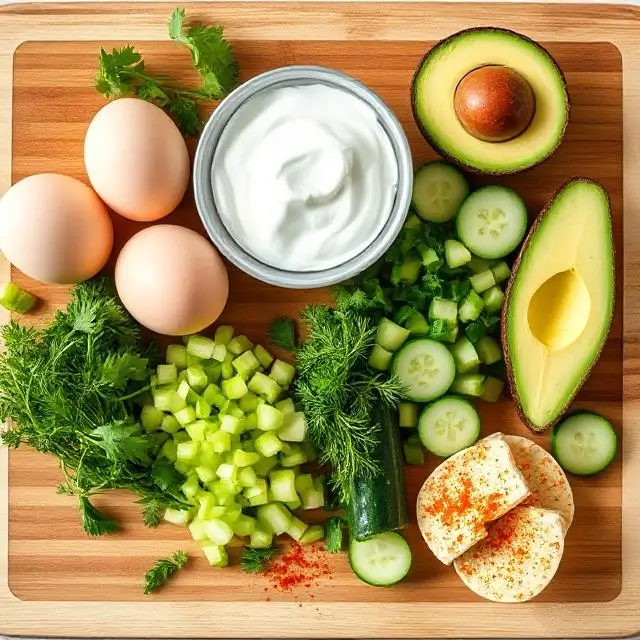 Fresh ingredients for the Best Scrambled Egg Salad Recipe including eggs, Greek yogurt, avocado, celery, cucumber, and fresh herbs arranged on a wooden cutting board