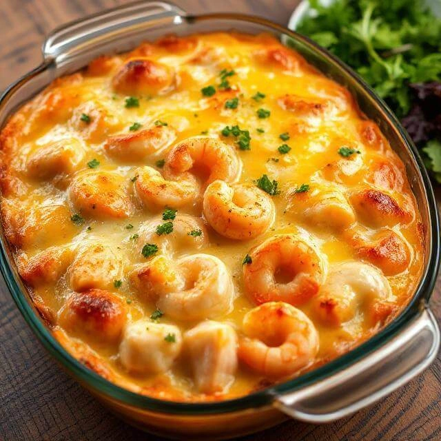 Low-carb cheesy salmon and shrimp casserole, baked to golden perfection, served with steamed vegetables.