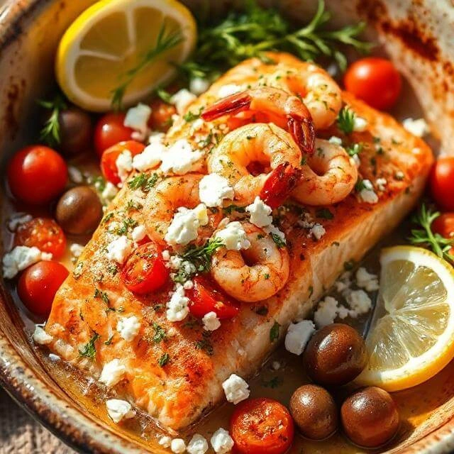 Mediterranean-style baked salmon topped with shrimp, crumbled feta, cherry tomatoes, and fresh herbs, served on a rustic dish.