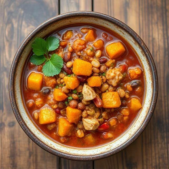 Nutritional information chart for High-Protein Pumpkin Turkey Chili showing calories, protein, fat, and carbs per serving