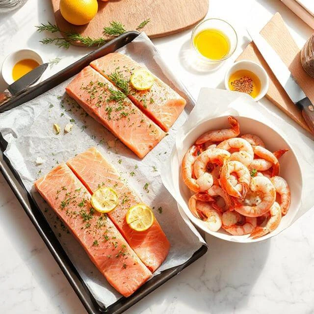 Fresh salmon fillets and shrimp being seasoned and prepared on a cutting board with herbs, garlic, and lemon slices.