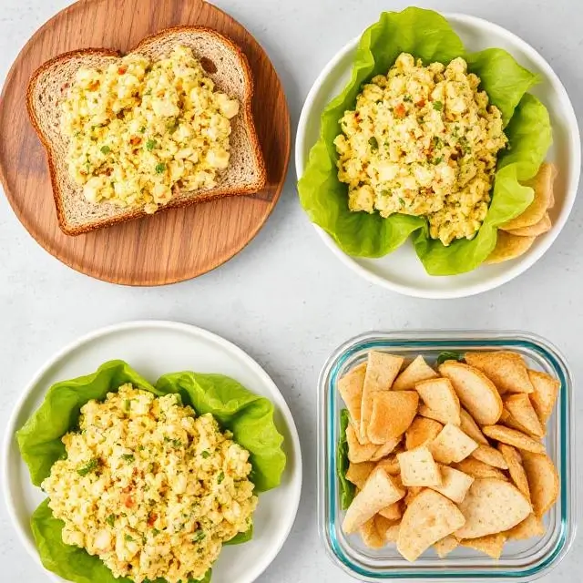 Scrambled egg salad served on whole-grain toast, in lettuce wraps, with pita bread and crackers, and stored in airtight containers for meal prep