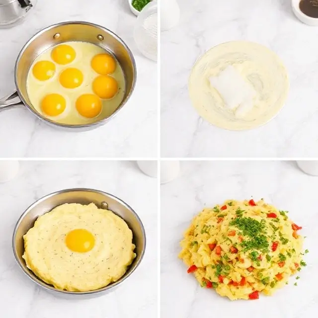 Step-by-step process of making creamy scrambled egg salad with scrambled eggs, Greek yogurt, herbs, and crunchy vegetables in a white bowl
