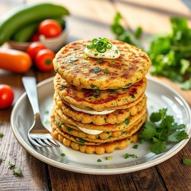 Veggie-packed chickpea pancakes with grated zucchini, carrots, and spinach, garnished with fresh herbs