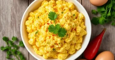 the Best Scrambled Egg Salad Recipe : Creamy scrambled egg salad with fresh herbs and crunchy vegetables served in a white bowl, high-protein and budget-friendly meal