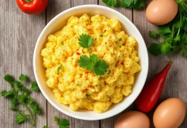 the Best Scrambled Egg Salad Recipe : Creamy scrambled egg salad with fresh herbs and crunchy vegetables served in a white bowl, high-protein and budget-friendly meal