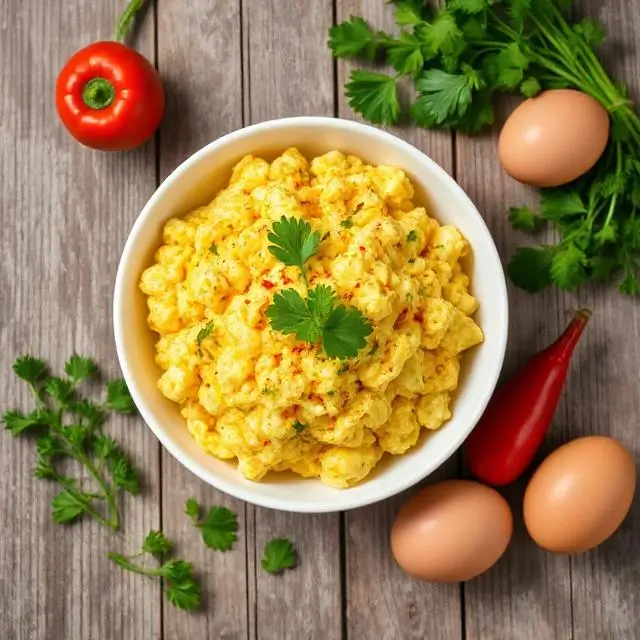 the Best Scrambled Egg Salad Recipe : Creamy scrambled egg salad with fresh herbs and crunchy vegetables served in a white bowl, high-protein and budget-friendly meal