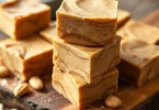Stack of creamy high-protein peanut butter fudge squares on a wooden surface with peanuts and protein powder around.