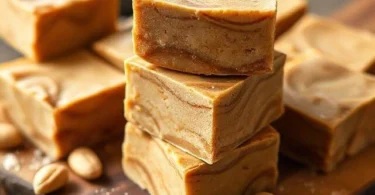 Stack of creamy high-protein peanut butter fudge squares on a wooden surface with peanuts and protein powder around.