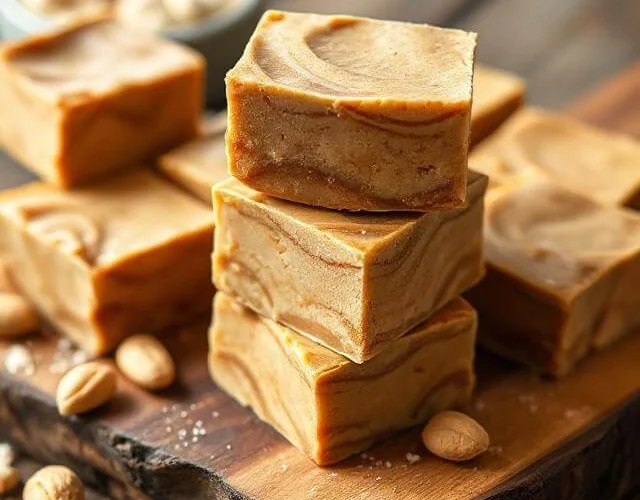 Stack of creamy high-protein peanut butter fudge squares on a wooden surface with peanuts and protein powder around.