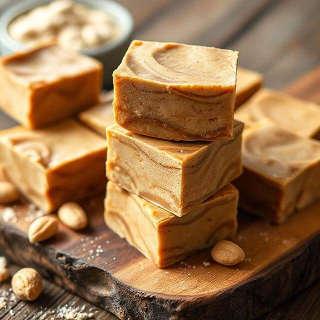 Stack of creamy high-protein peanut butter fudge squares on a wooden surface with peanuts and protein powder around.