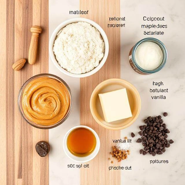 Flat lay of ingredients for high-protein peanut butter fudge including peanut butter, protein powder, coconut oil, natural sweetener, vanilla extract, and sea salt.